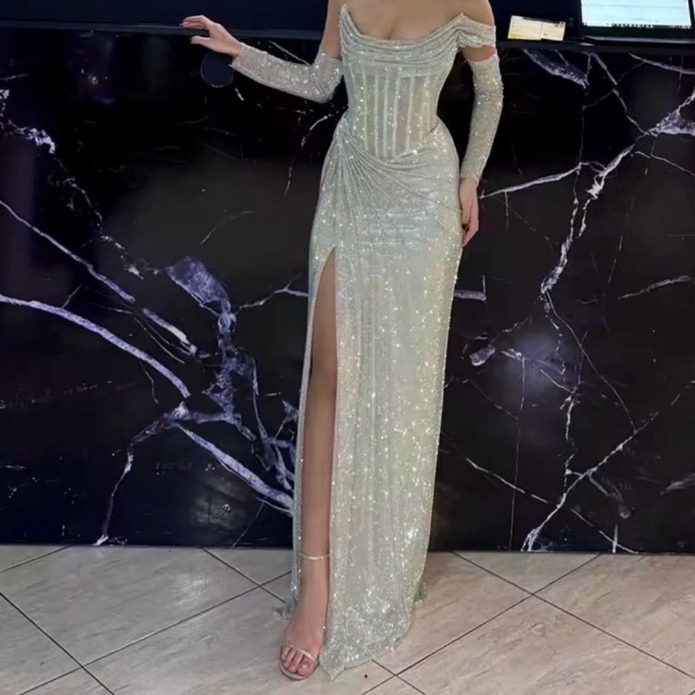Elegant Silver Off-Shoulder Gown